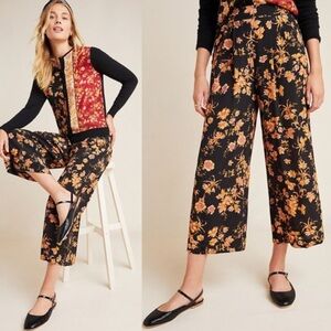 Kachel x Anthropologie Black Della Floral Wide-Leg Trousers Ankle Length Size 10